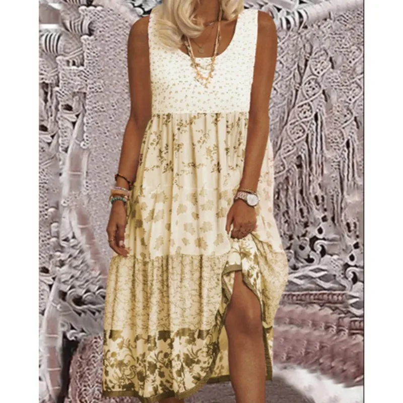 

Summer Women Vintage Beach Dresses Elegant O-Neck Sleeveless Loose Midi Dress Ladies Casual Patchwork Party Dress Vestidos