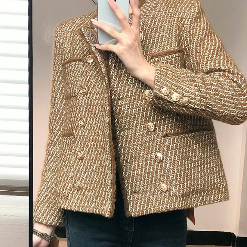

French style vintage small fragrance tweed jacket women double breasted loose short outerwear