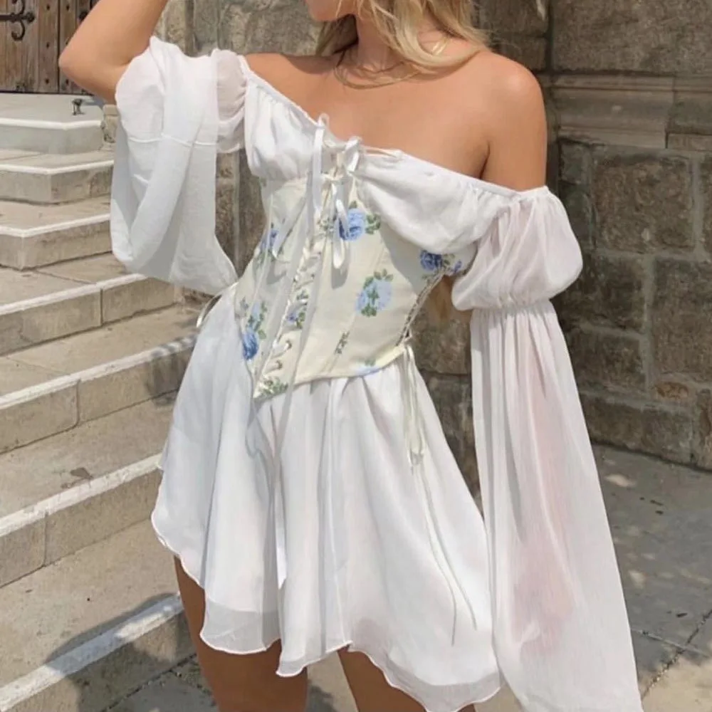 

2021 New Princess Chiffon Dress Flare Sleeve Irregular White Vintage Dresses Slash Neck Sexy Holiday Vestidos Club Mini Dress