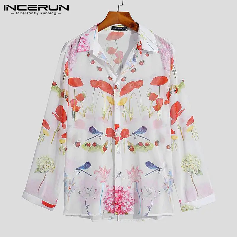 

Men Shirt Printed Lapel Long Sleeve See Through Vacation Button Tee Tops Streetwear 2021 Breathable Men Clothing S-5XL INCERUN