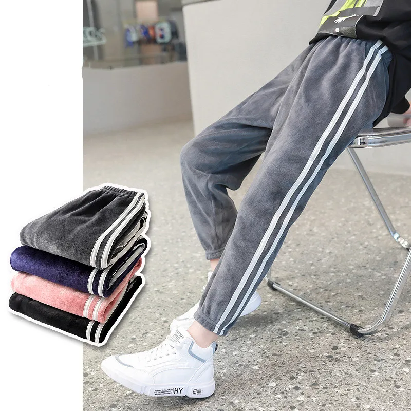 

Children Sports Pants For Kids Boys Girls Trousers Stripe Casual Double-faced Velvet Pants Thick Section For Toddler Trousers