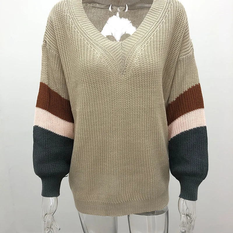 ZOGAA Fashion Striped V Neck Pullover Women 2019 Autumn Winter Gray Long Sleeves Sweaters Female High Street Loose Mujer Jumper | Женская