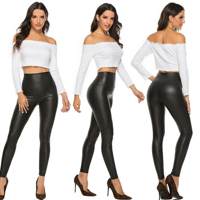 

Leather Shiny Sexy Leggings for Women Vadim 2021 Summer High Waist Black Stretchy Faux Leather Pant Mujer Leggings Ropa