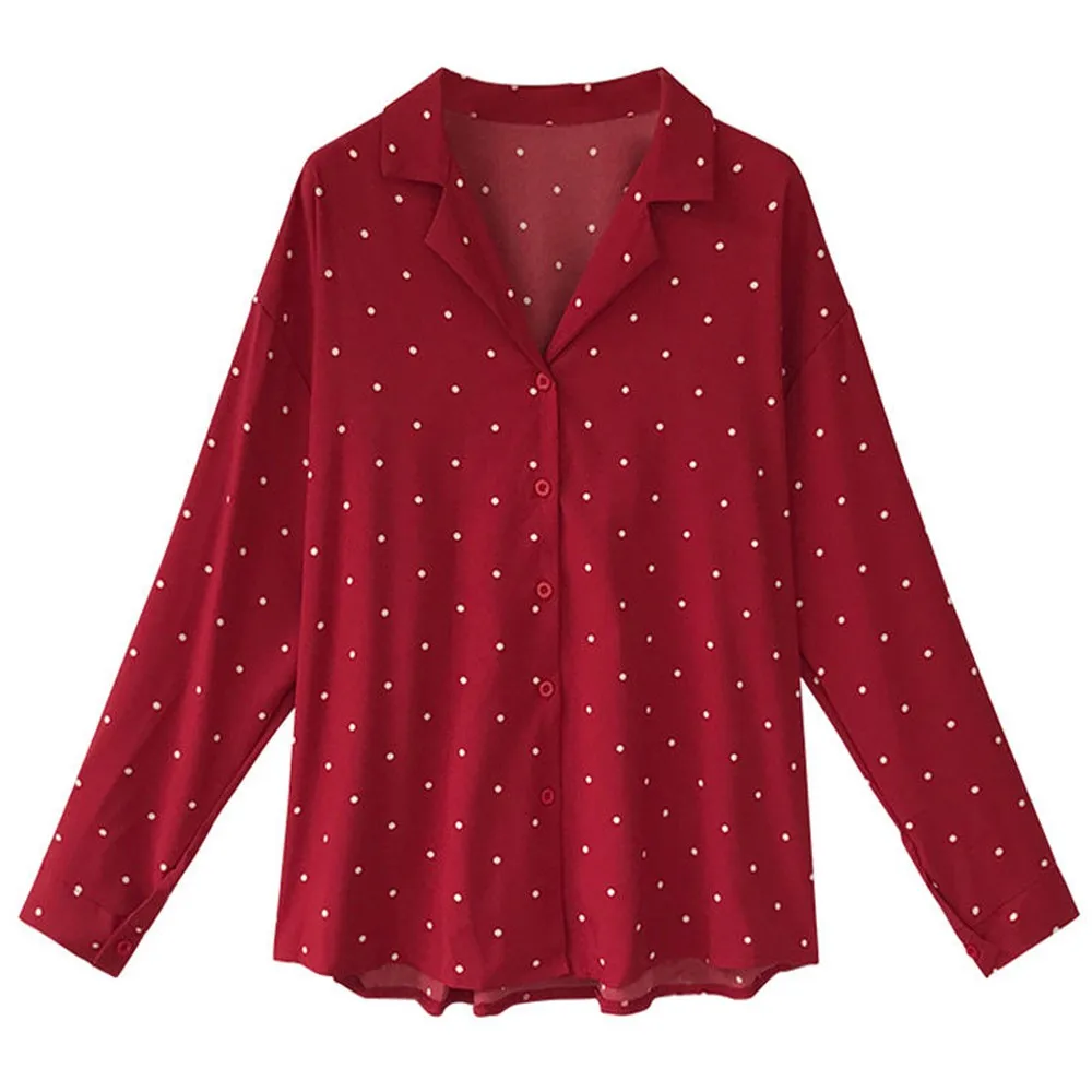 

On Sale Women Casual Long Sleeve Blouse V Neck Floral Dot Print Work Wear GD