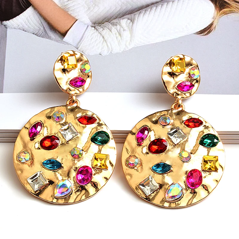 

New Gold Round Metal Colorful Rhinestone Drop Earrings High-Quality Fashion Crystal Jewelry Accessories For Women Wholesale
