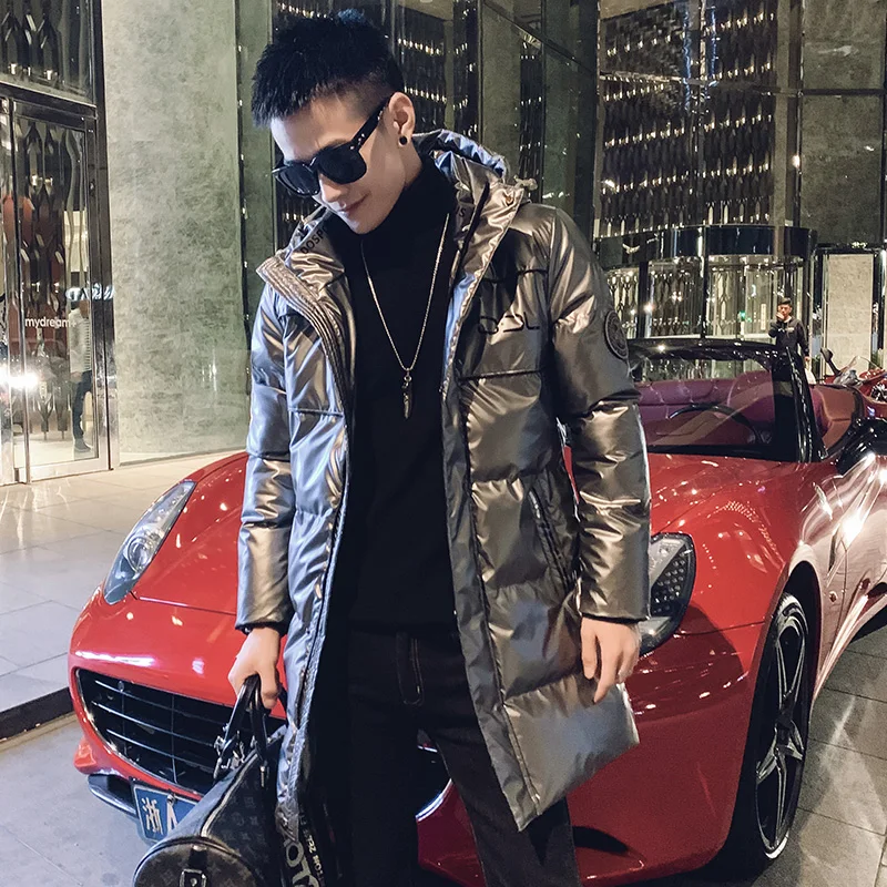 

Slim Fit Long Puffer Jackets for Men Winter Korean Fashion Padded Coat with Hood Bright Hip Hop Clothes Thick Warm Bubble Coats