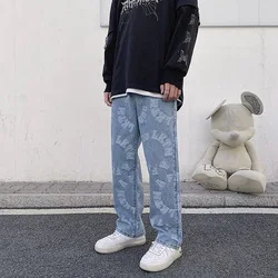 

Spring new trendy brand loose straight-leg jeans male daddy full-print jacquard wide-leg trousers