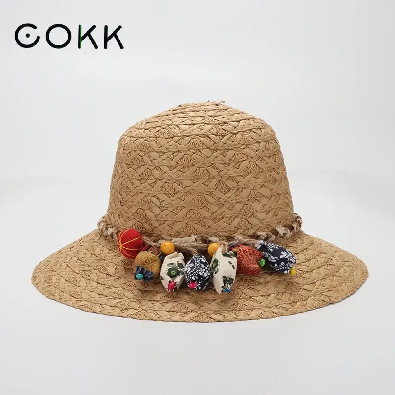 

COKK Sun Hat Cap Wide Brim Floppy Top Summer Hats For Women Beach Panama Straw Dome Bucket Hat Female Visor Bonnet Bohemia New