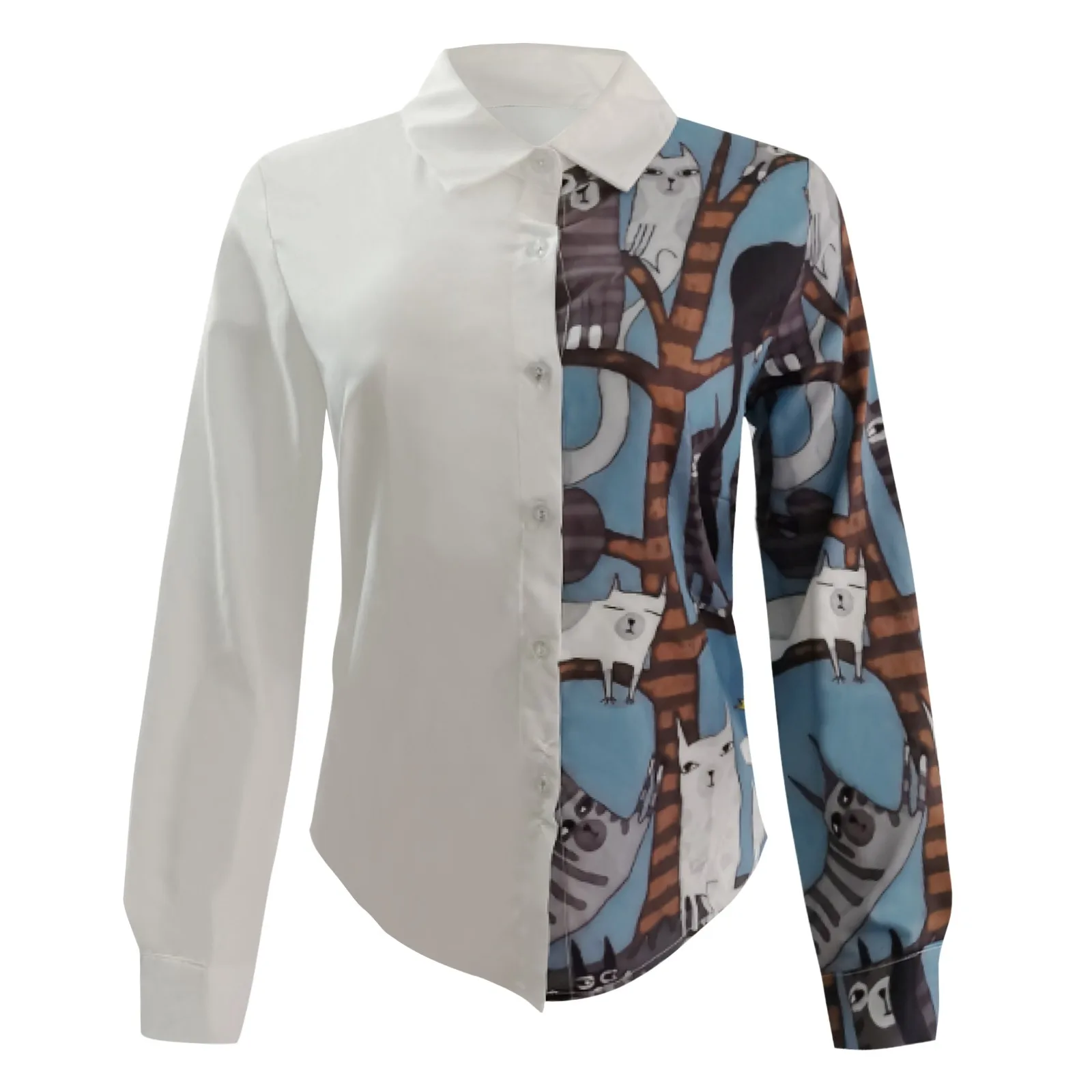 

Women's shirt new cat cartoon flower shirt print stitching cute long-sleeved loose top stitching cat print shirt 8*