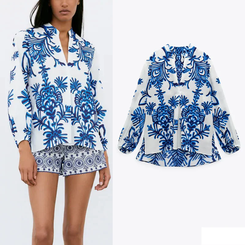 

2021 Za блузки с рисунком, для женщин, модная, с v-образным вырезом, с буффами на рукавах, летние топы свободного покроя с асимметричным подолом б...