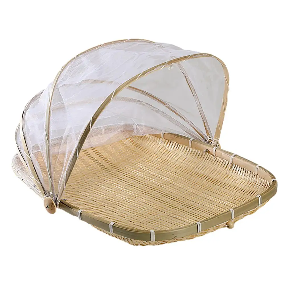 

Hand Woven Bug Proof Basket Dustproof Kithen Picnic Basket Handmade Fruit Vegetable Bread Cover Wicker Basket With Gauze