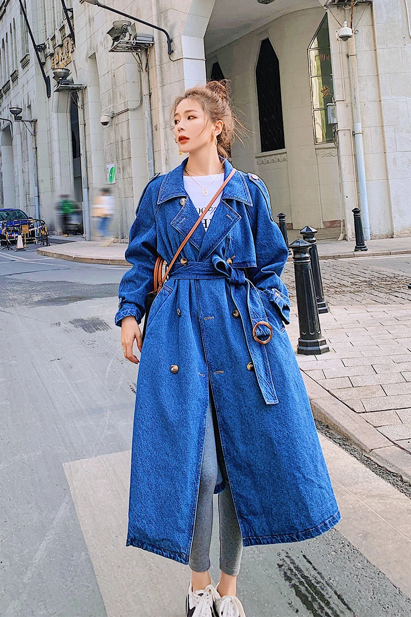 

2021 New Denim Windbreaker Women Double Breasted Loose Casual Long Bandage Trench Coat Female Elegant Plus Size Jacket Outerwear