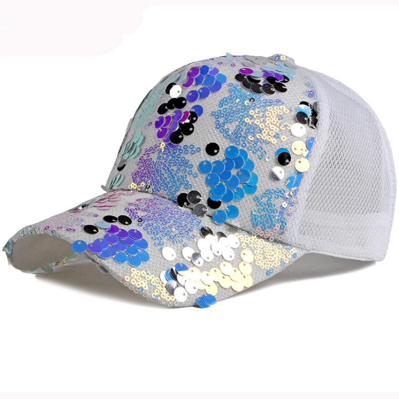 HT3024 Spring Summer Sun Cap Women Sequin Mesh Cap Lady Breathable Baseball Hat Trucker Cap Korea Style Adjustable Baseball Cap