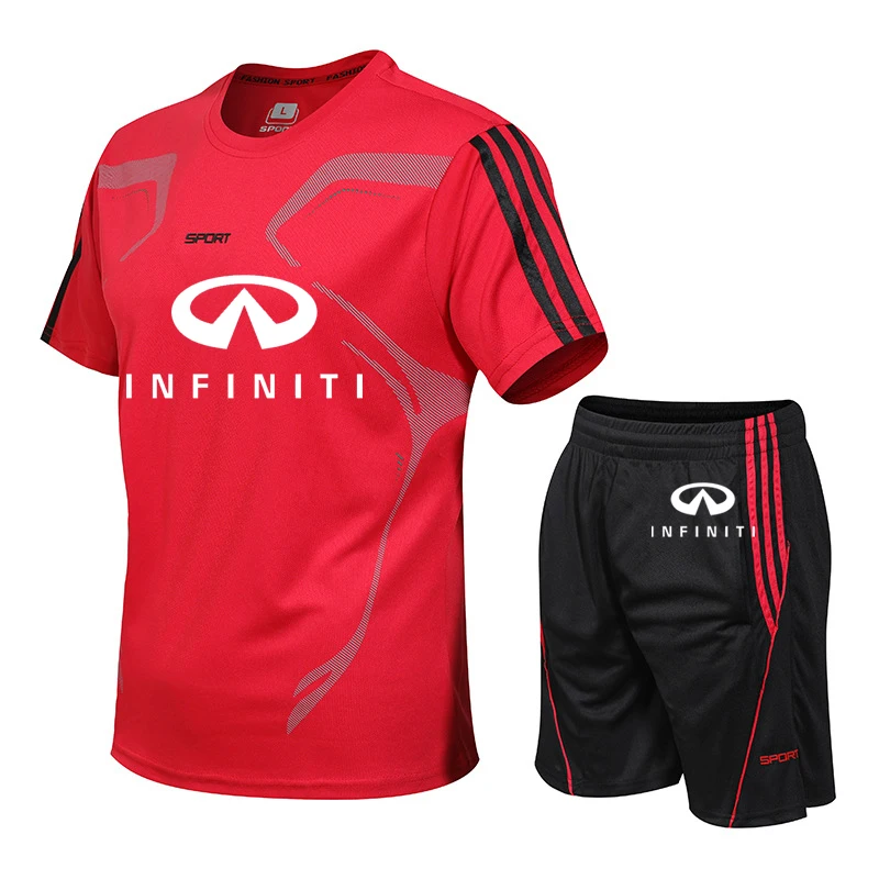 

Fashion Summer Men's suits Infiniti Car Logo Print T-shirt high quality cotton stripe Men's short sleeve + shorts 2-piece set