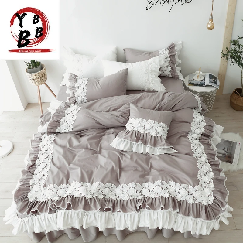 

Pure cotton lace Bedding Sets gray Japanese Duvet Cover luxury Bed Linen princess bed skirt twin queen king wedding bedclothes