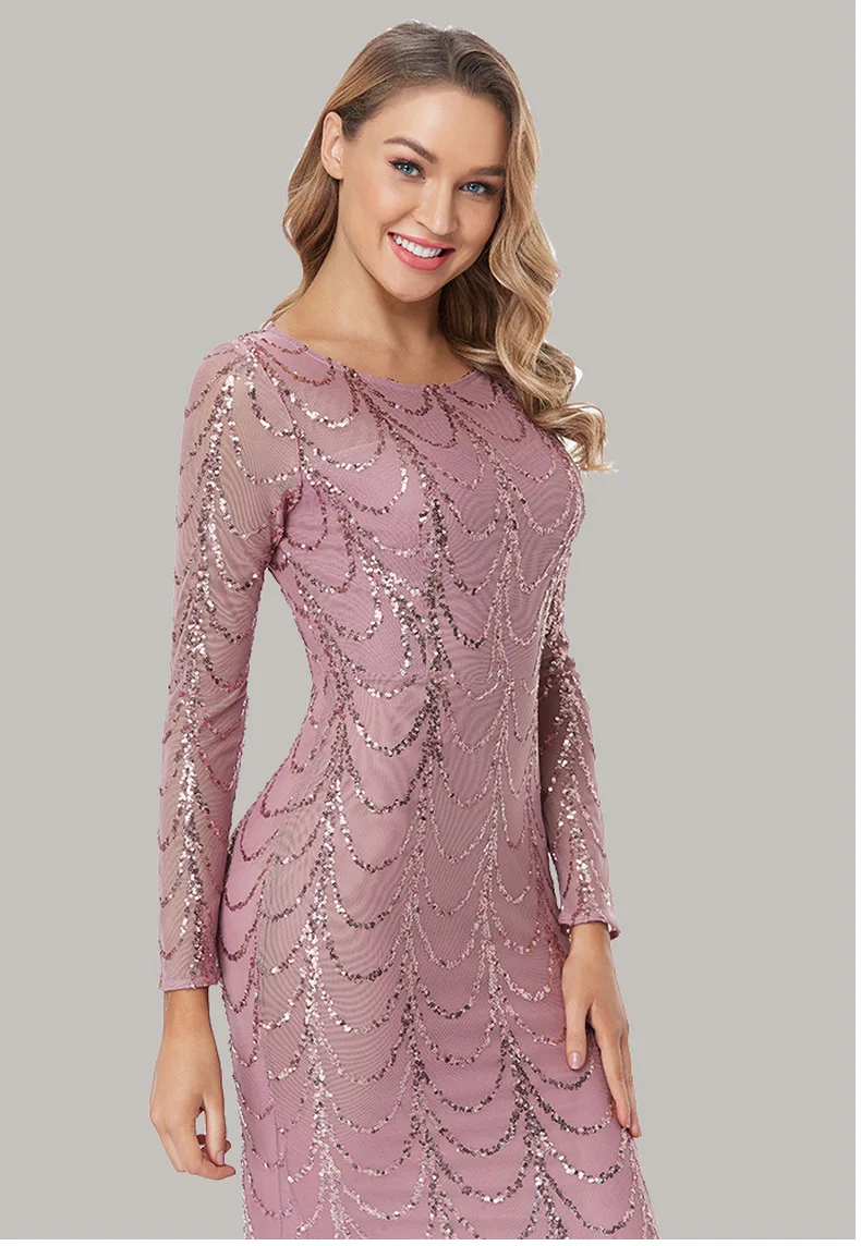 

Women Sexy Dress Elegant Round Neck Fringed Banquet Prom Wedding Party Fishtail Hips-wrapped Fit Slim Long Bodycon Dress