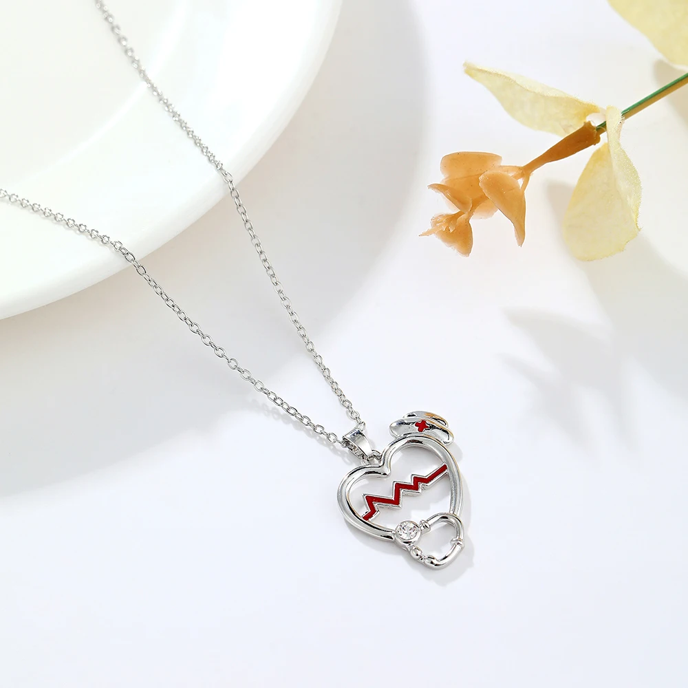

Harong Stethoscope Heart Necklace Pendants Electrocardiogram Crystal Nurse Doctor Charm Necklaces Women Jewelry for Medical Gift