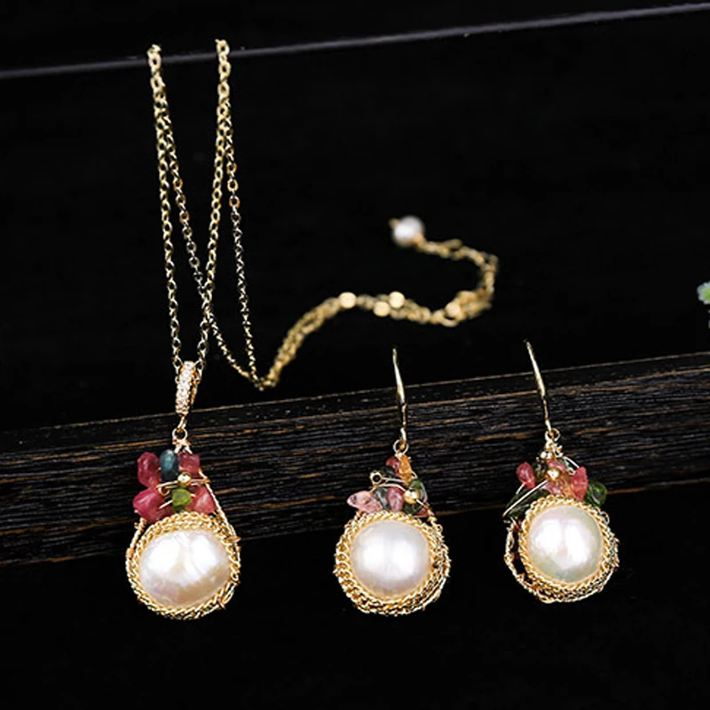 

Natural Baroque Freshwater Pearl Jewelry Sets Elegant Bijoux Hook Earrings Pendant Necklace Party Evening Chain Jewelry Fashion