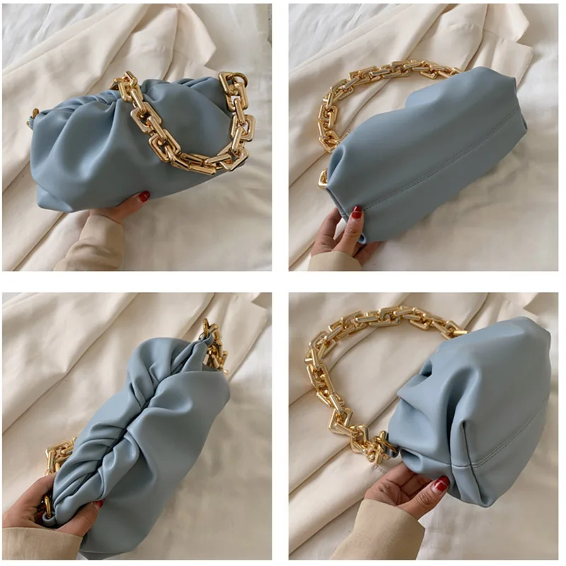 

Women Bags High Quality Thick Metal Chain Hobos Dumplings Bags Luxury Designer Ruched Shoulder Bag For Women Cloud Bag Handbag