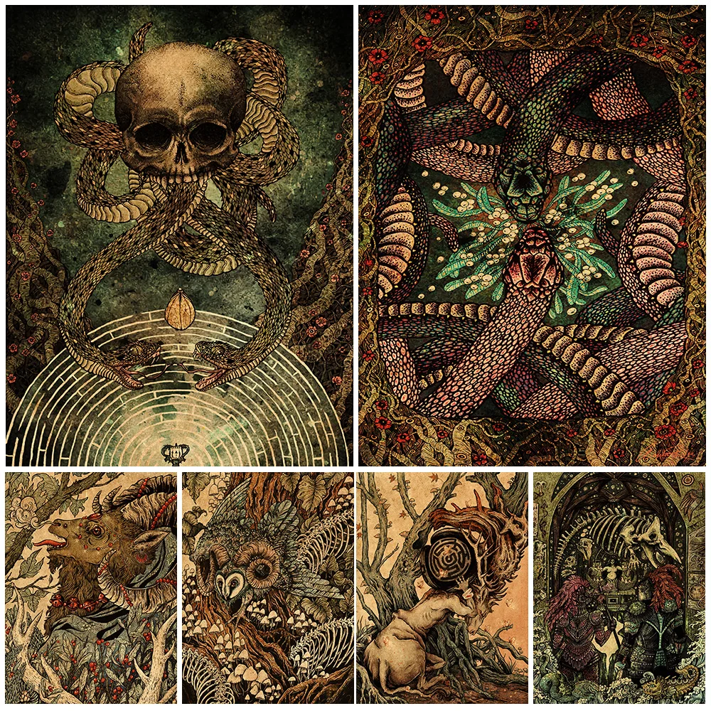 

Retro Woodland Witchcraft Nordic Posters And Prints Dark Dead Bone Magic Animal Wall Art Canvas Painting Decoration Unframed