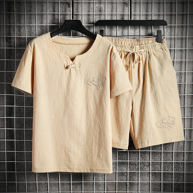 

2021 Summer New Men's Trend Chinese Style Embroidery Cotton Linen Short-sleeved T-shirt Shorts Fashion Large Size Two-piece Suit