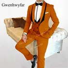 Пиджак + брюки + жилет Gwenhwyfar, мужские костюмы с черными лацканами, оранжевый официальный смокинг, облегающие костюмы для жениха, 2020