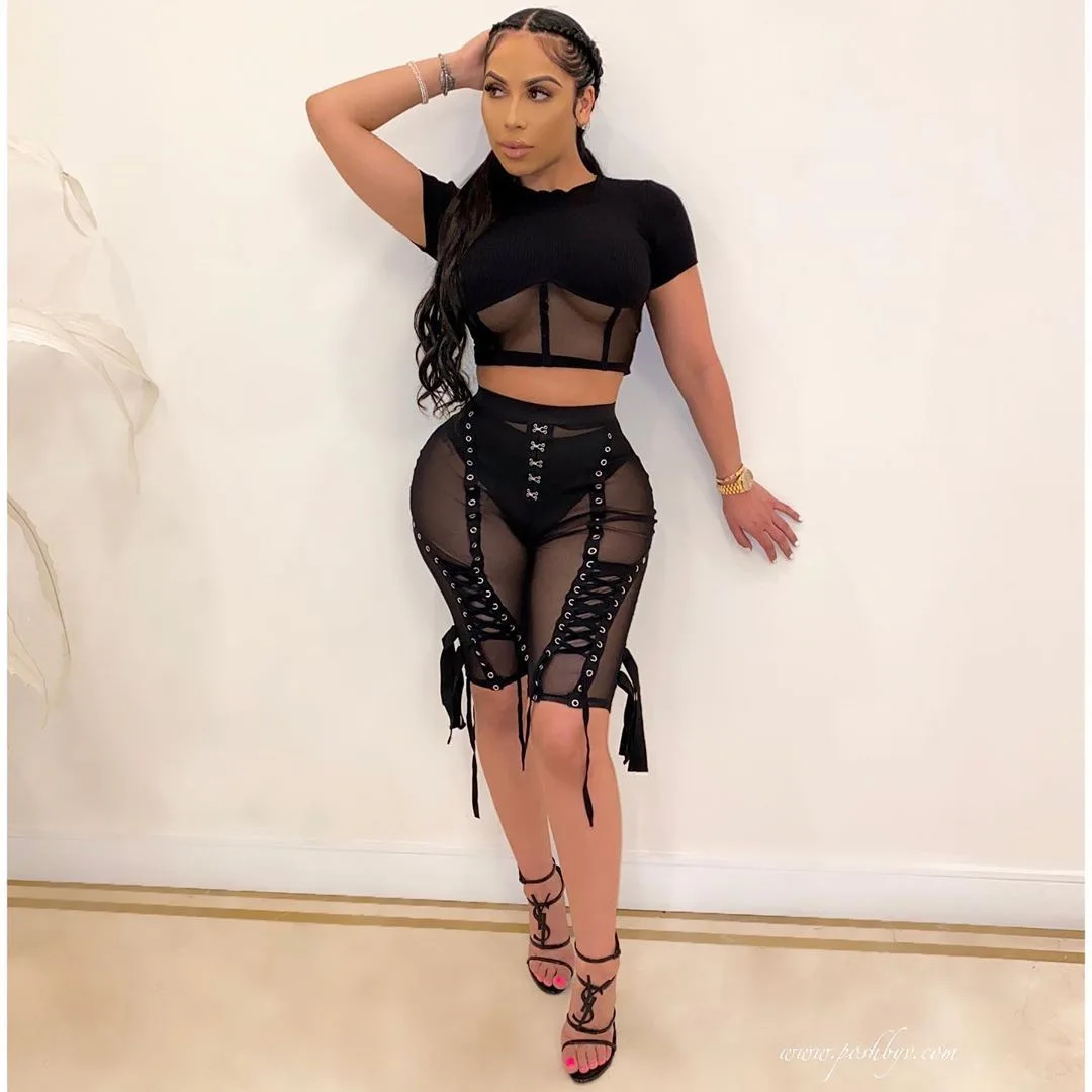 

2020 Summer New Women's Hot Fashion Sexy Mesh High Waist Lace-up See Through Pants White Black Women