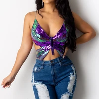 sequin butterfly crop top women summer tops vintage womens lace up tank top t shirt backless bandage short woman clothes