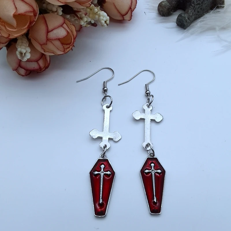 Женские серьги в стиле панк готика ретро крест смерти красная кровь гроб