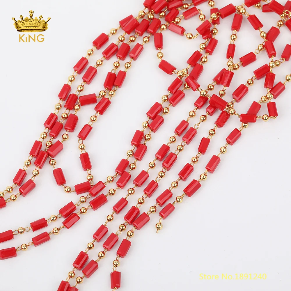 

5meters Tiny Rectangle Glass Beaded Chains for Jewelry Making,Red Crystal Glass Gold Charms Copper Chains Findings Bulk