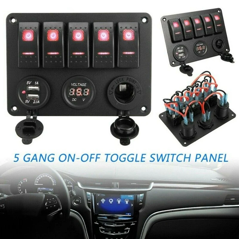 

5-Gang Waterproof Circuit LED Rocker Switch Panel Breaker Circuit for RV Car Marine Boat with Night Glow Stickers Blue