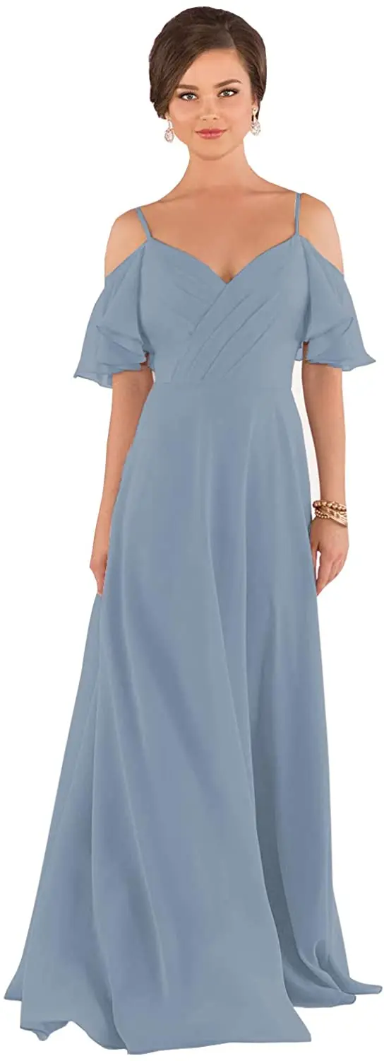 

Women's Off The Shoulder Ruched Bodice A-line Chiffon Long Bridesmaid Dress Formal Gown Dusty Blue-C