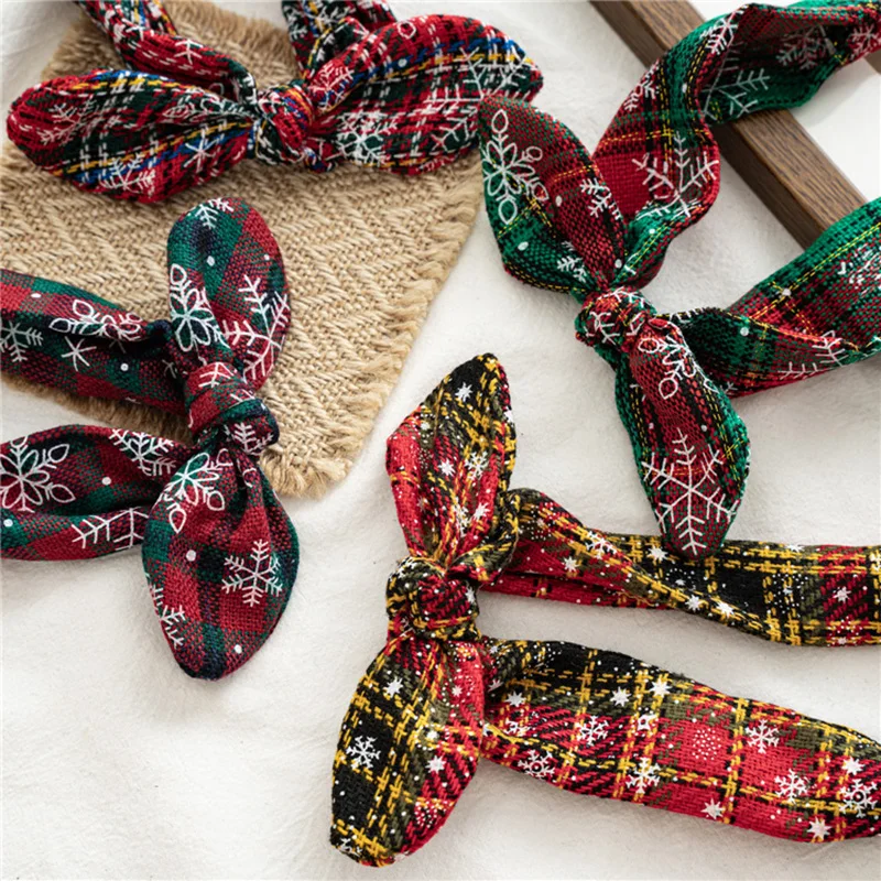 

Rabbit Ears Christmas Headband Knotted Elastic Hair Bands Xmas Hair Accessories Christmas Snowflake Plaid Print Bow Hairbands