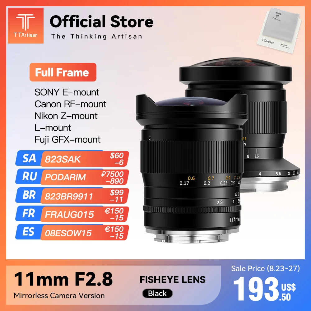 Объектив рыбий глаз TTArtisan 11 мм F2.8 с полной известностью для Sony/ Nikon/ Canon/ Leica/ Sigma/