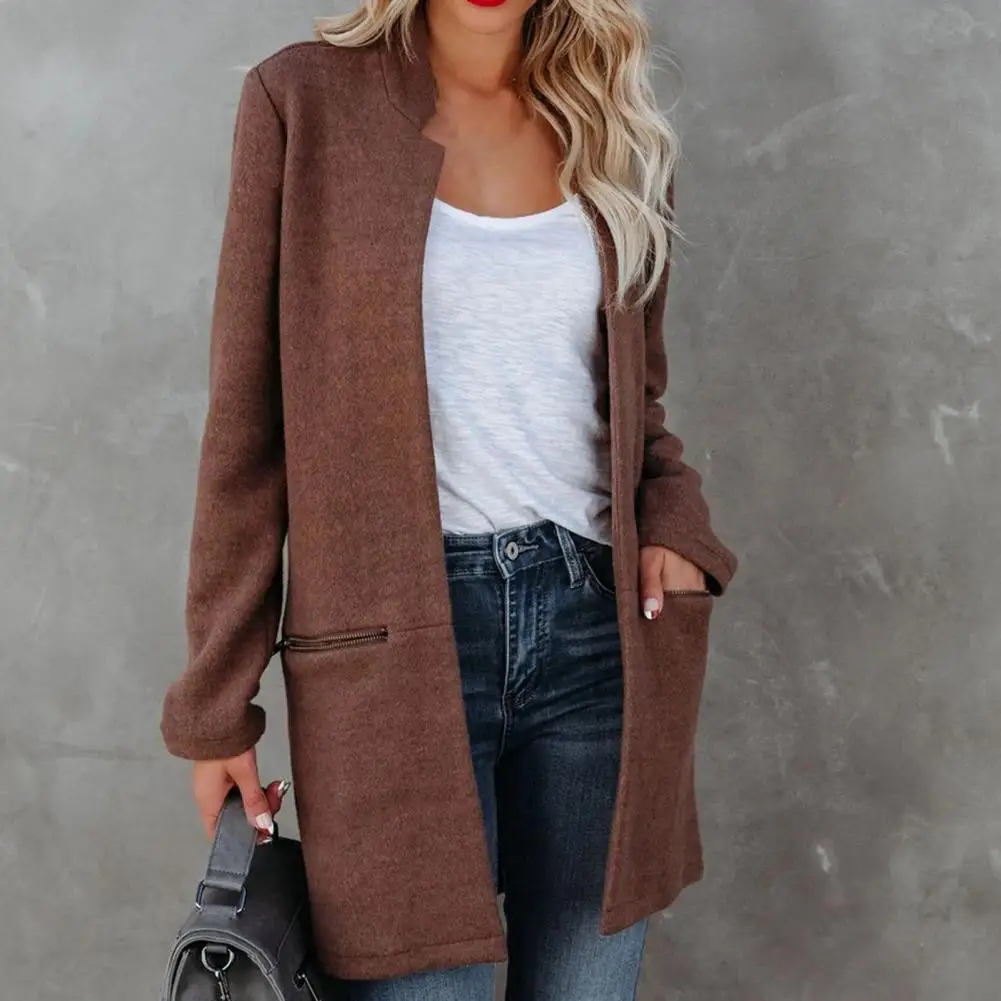 

Elegant Coat 2021 Stand Collar Zipper Pockets Jacket Coat Long Sleeve Women Solid Color Long Jacket Overcoat Female Clothing
