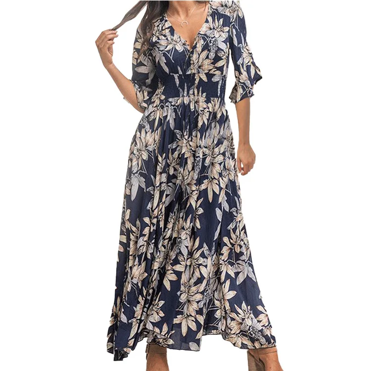 

Europe cross-border foreign trade Amazon stand-alone station wish new v-collar elegant short-sleeved long skirt