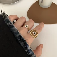 vintage elegant flower pearl rings set for women opening adjustable black brown finger rings fashion femme wedding party jewelry