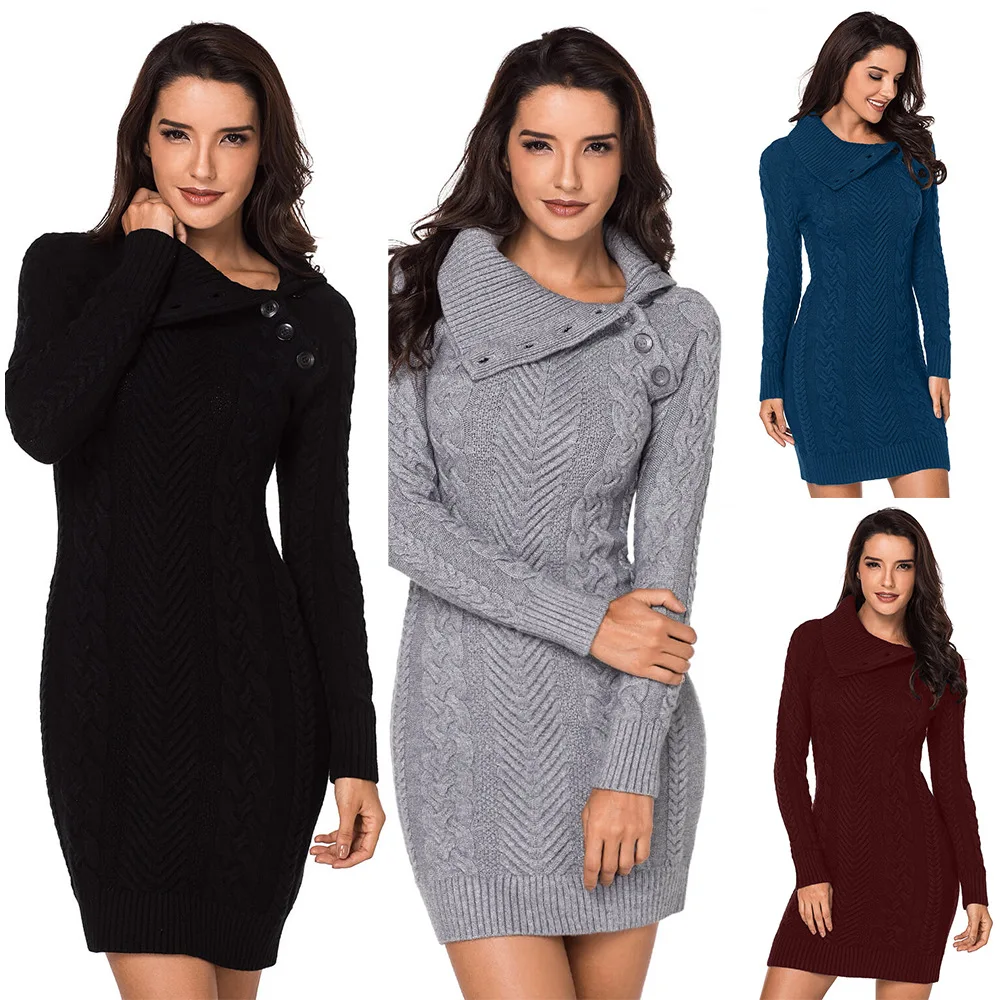 Spring and Autumn New Women's Solid Color Lapel Long Sleeve Rib Knit Sweater Dress