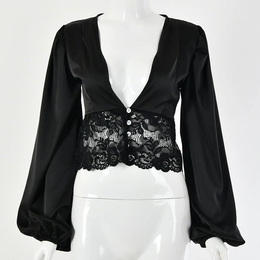 Artsu Сексуальная кружевная атласная блузка с глубоким v образным вырезом Женские