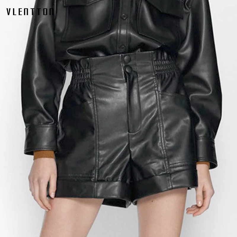 Весна-Осень 2020 модные черные женские шорты из искусственной кожи с высокой