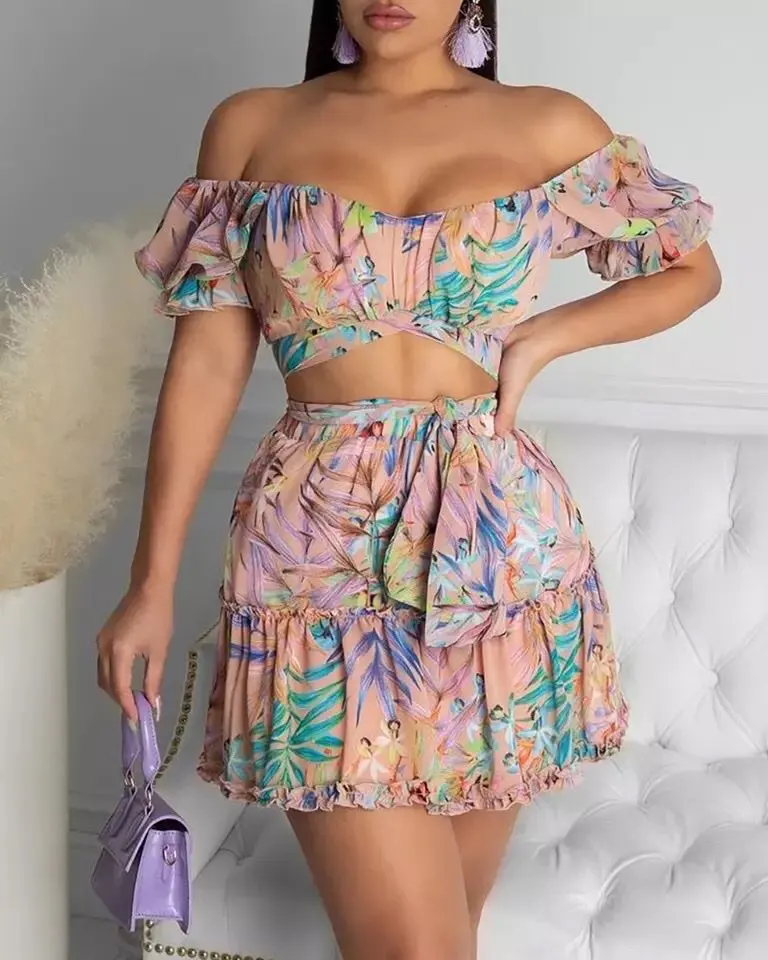 

Echoine Floral Print Skirt Set Crop Top Mini Skirt