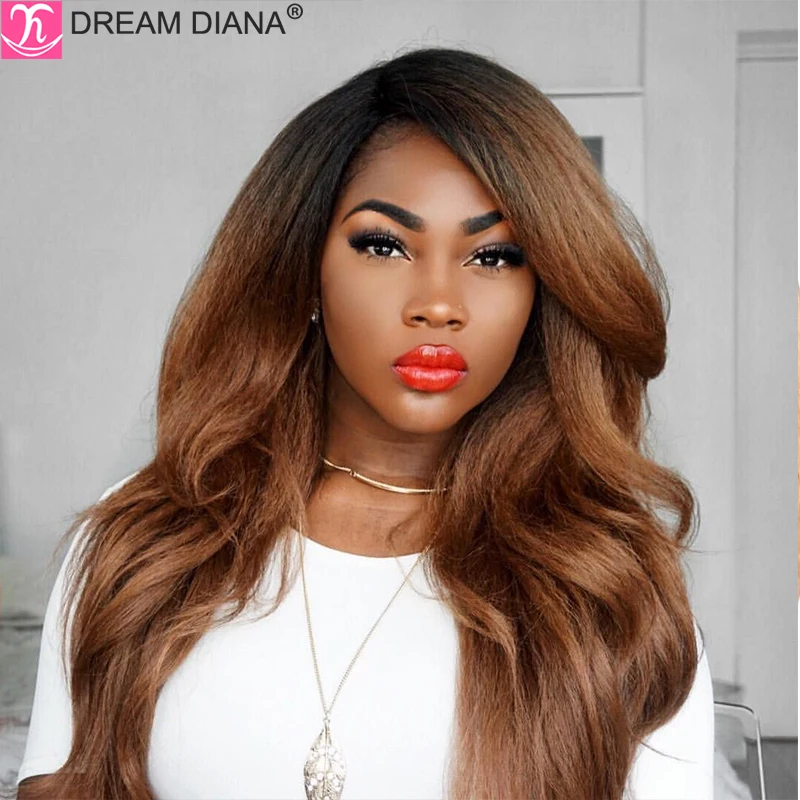 

DreamDiana Malaysian Kinky Straight Human Hair Wigs 150 Density Ombre Yaki Wig 13x4 Lace Frontal 100% Human Hair Front Lace Wigs