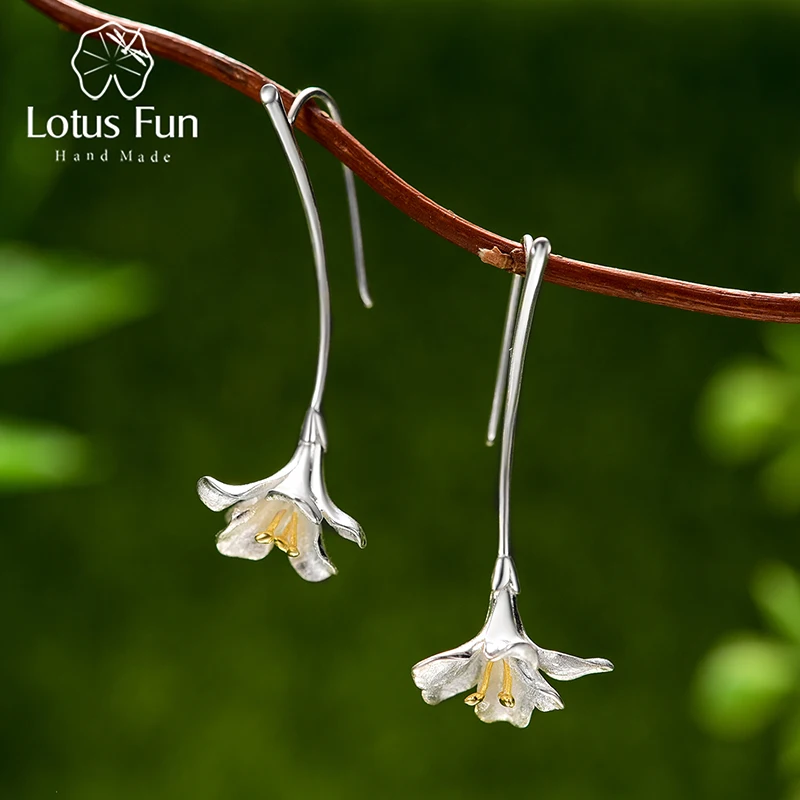 

Lotus Fun Unusual Long Elegant Freesia Flower Dangle Earrings for Women Gift Real 925 Sterling Silver Luxury Wedding Jewelry
