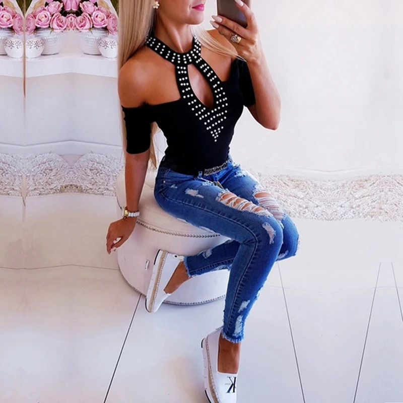 Летняя женская футболка Открытая грудь с открытыми плечами коротким рукавом