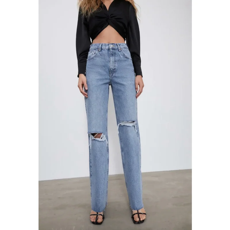 

Denim Blue Jeans Hollow Ripped Women Pants Trousers 2021 Fashion High Waist Quality Loose Streetwear Chic Lady Pants