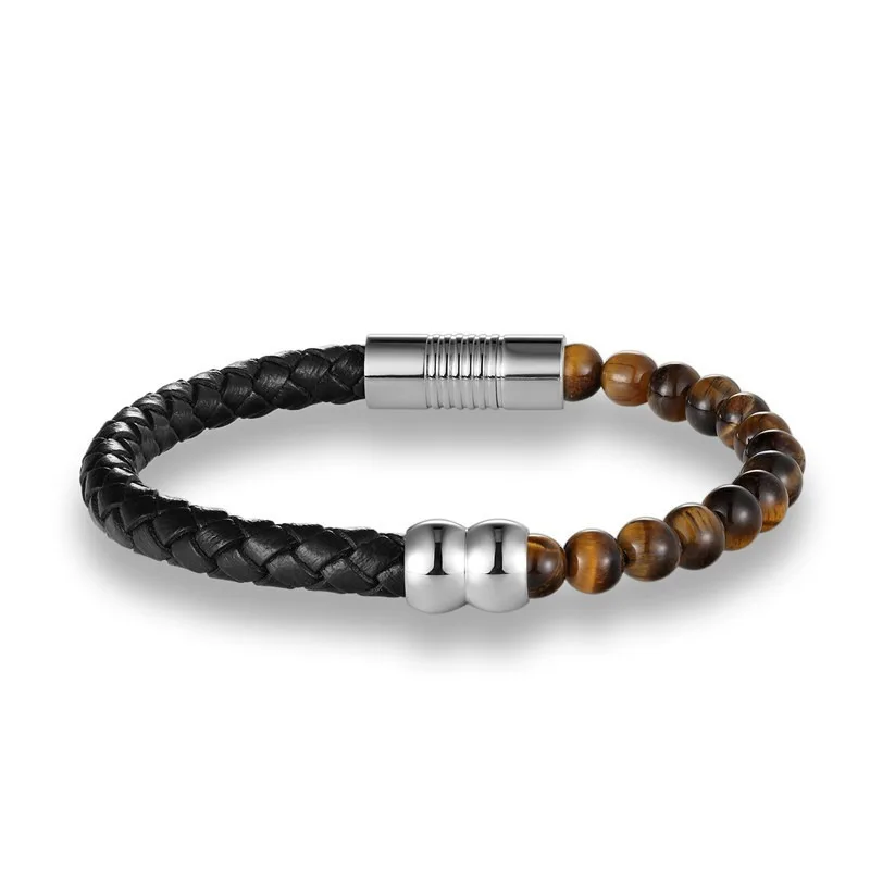 

Fashion Cool Hot Natural Stone Beads Leather Rope Bracelet Stainless Steel Magnetic Buckle Bracelet