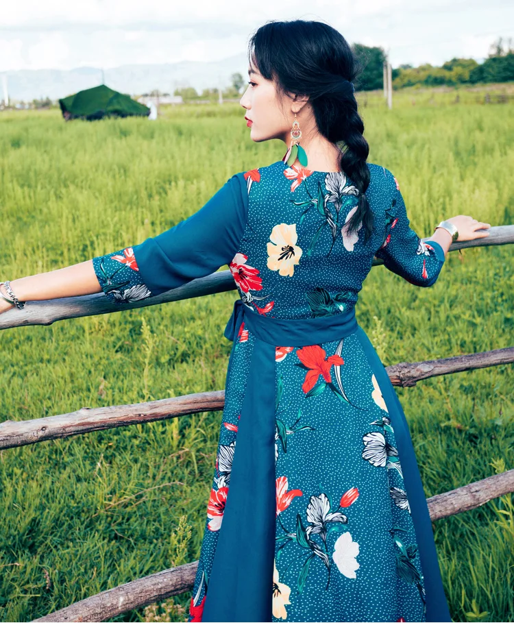 2019 autumn elegant women chiffon floral printed dress double-layered lace up waist bohemian holiday beach wear VKDR1770 | Женская