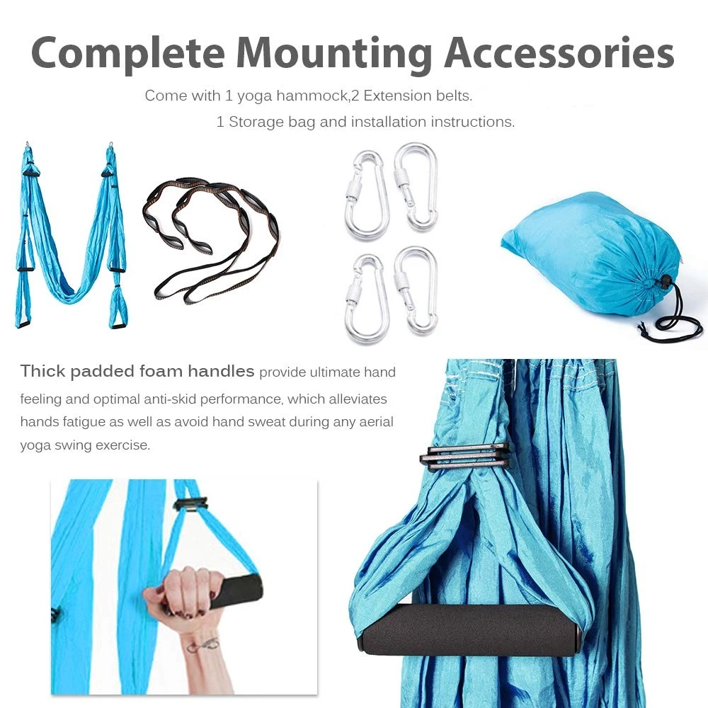

Aerial Yoga Hammock Set Trapeze Yoga Inversion Tool Ceiling Hooks Extension Straps Carabiners Carry Bag