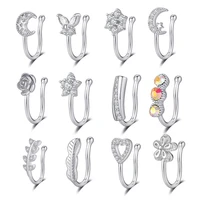 36pcs new crystal cz zircon nose clip fake nose ring piercing jewelry copper clip on heart star flower wholesale body studs