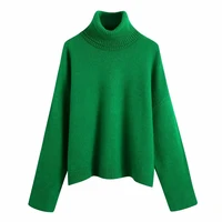 women fashion with ribbed trim loose knit sweater vintage high neck long sleeve female pullovers chic tops